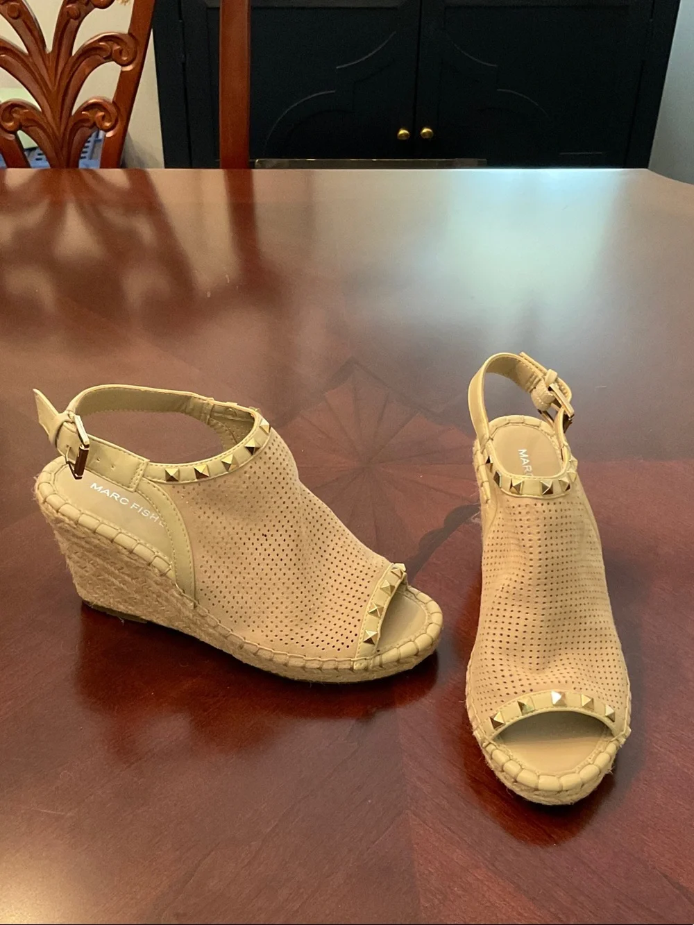Marc Fisher Nude Perforated Espadrille Wedge Sandals with Gold Studs